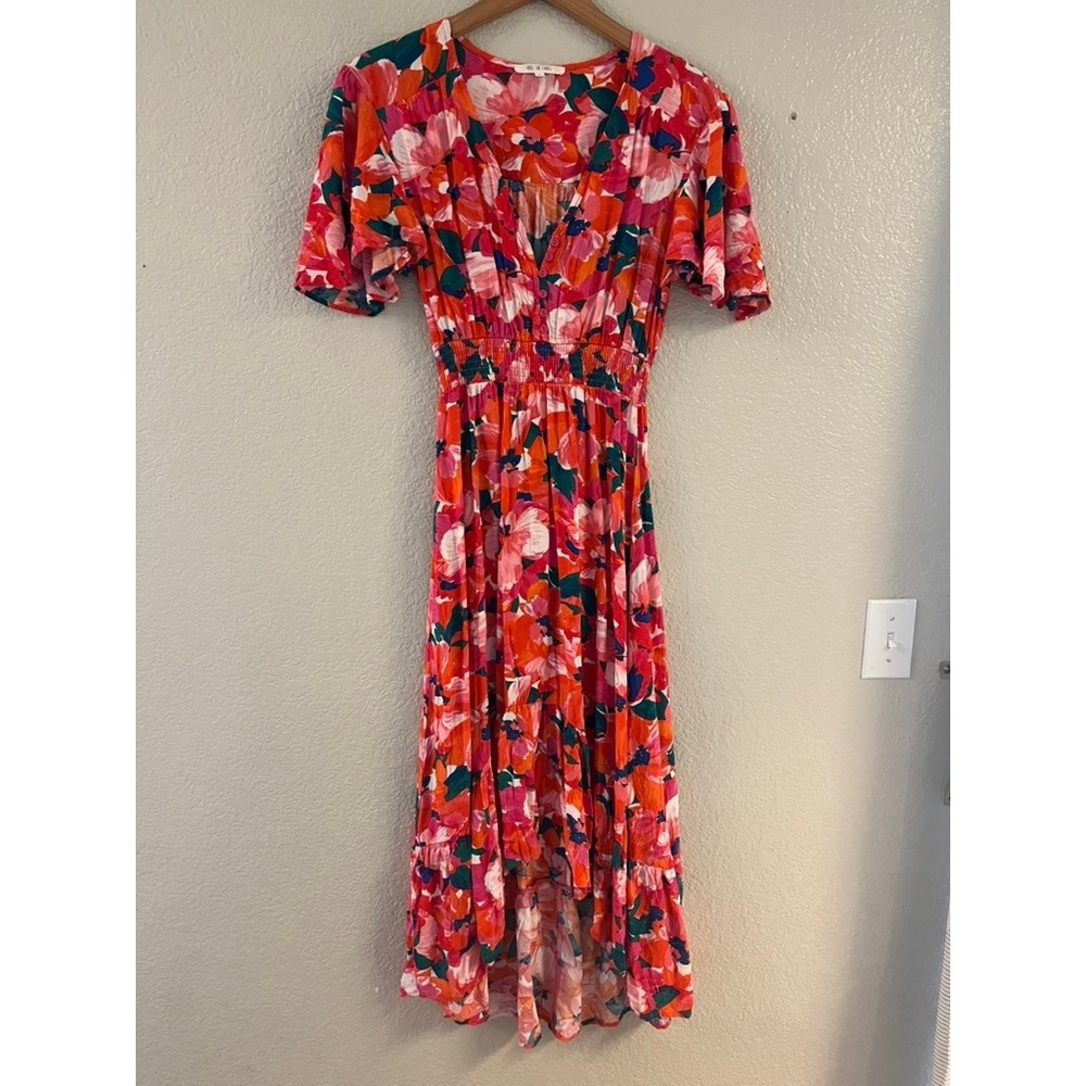 Abel the Label Floral High Low Midi Dress Orange Pink Smocked Waist Smallβ